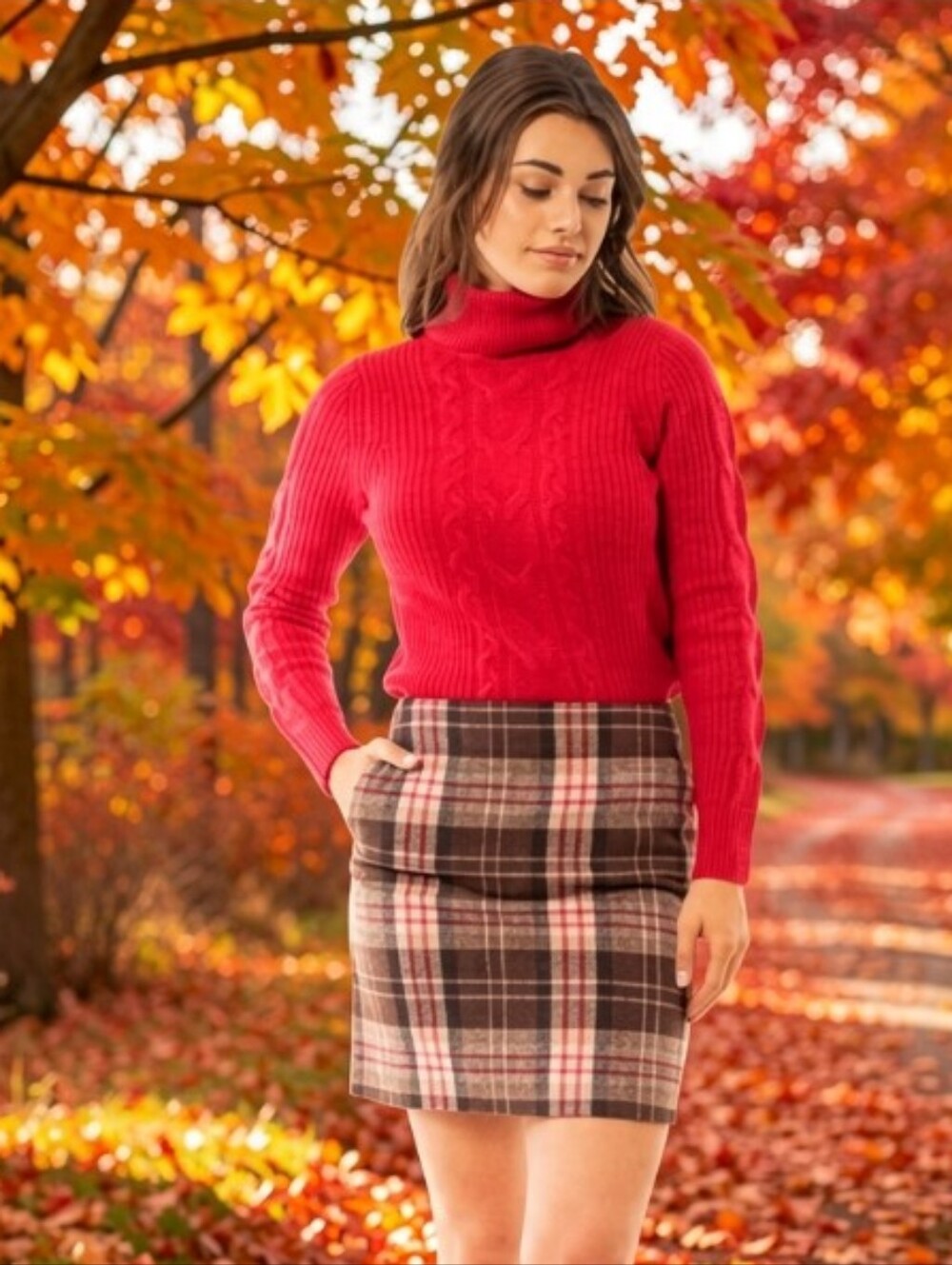 Vero Straight Brown Plaid Mini Skirt with Pink Accents